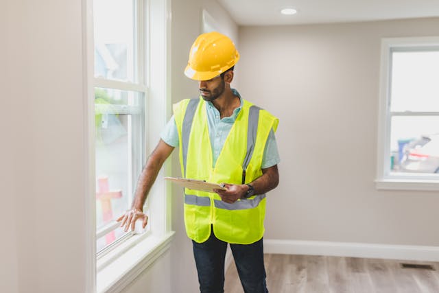 person inspecting a window sill